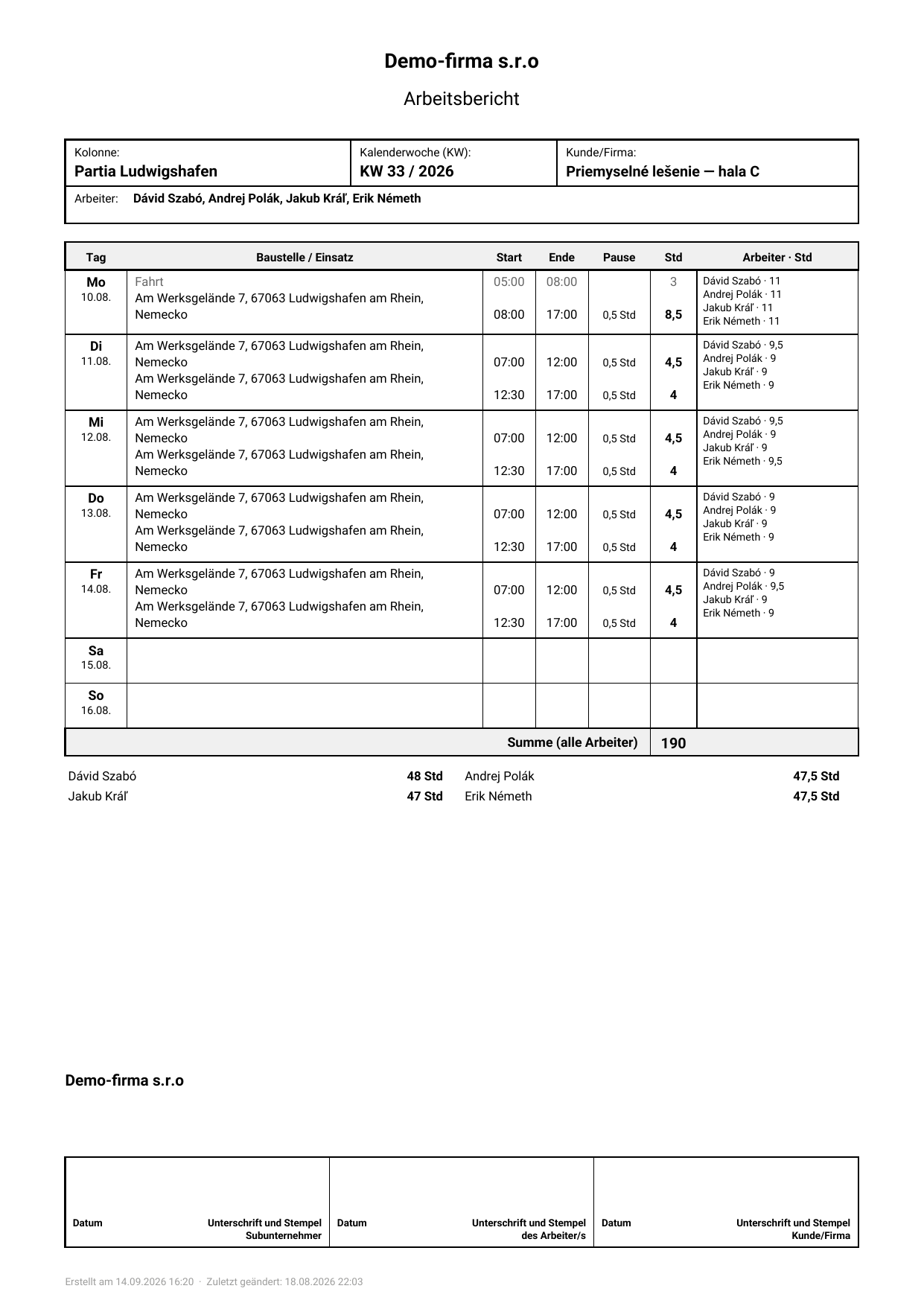 Vyplnený Arbeitsbericht partie s podpismi, vygenerovaný v SubPRO