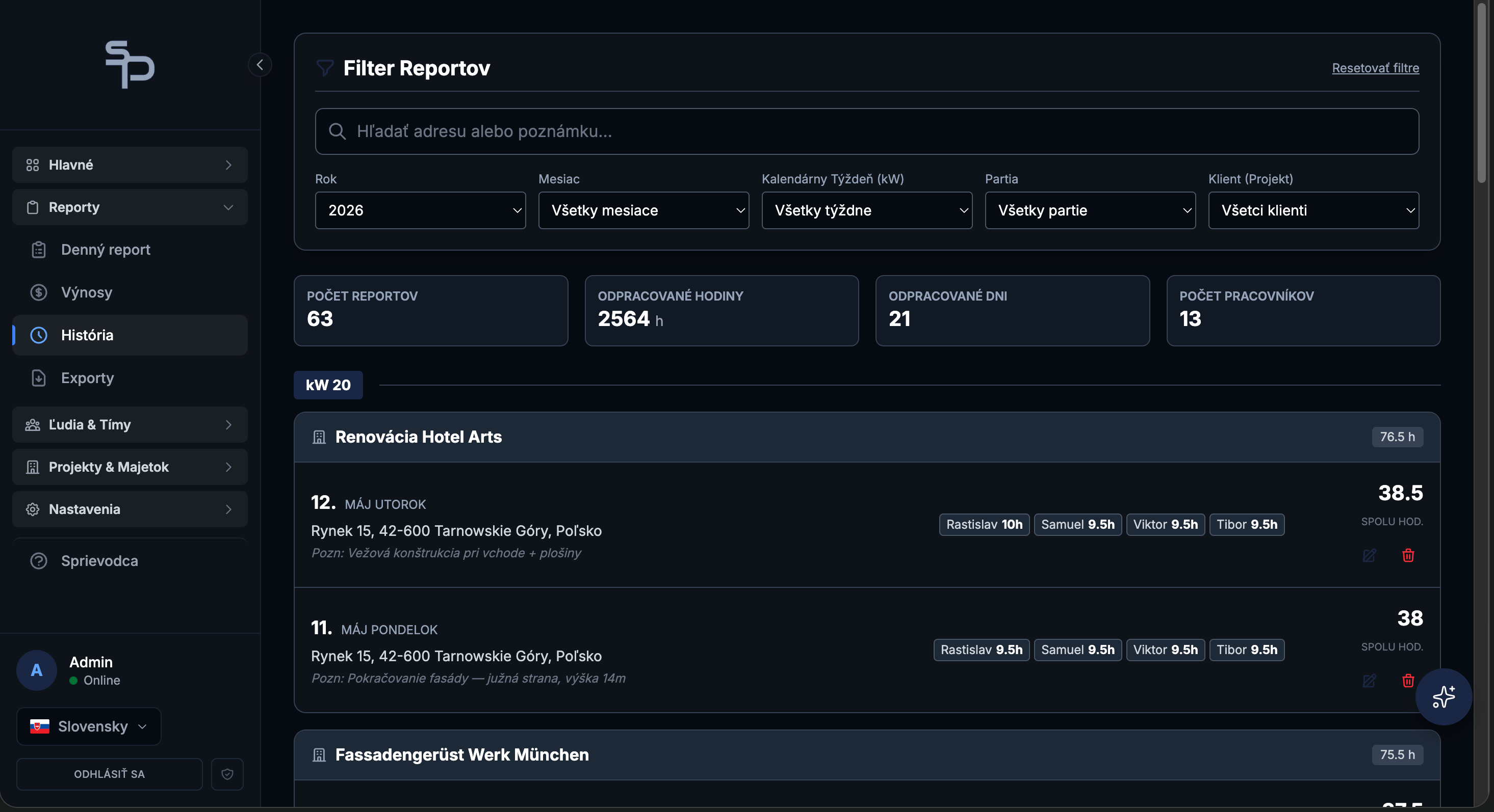 História reportov v SubPRO — filtre, KPI a zoznam denných reportov