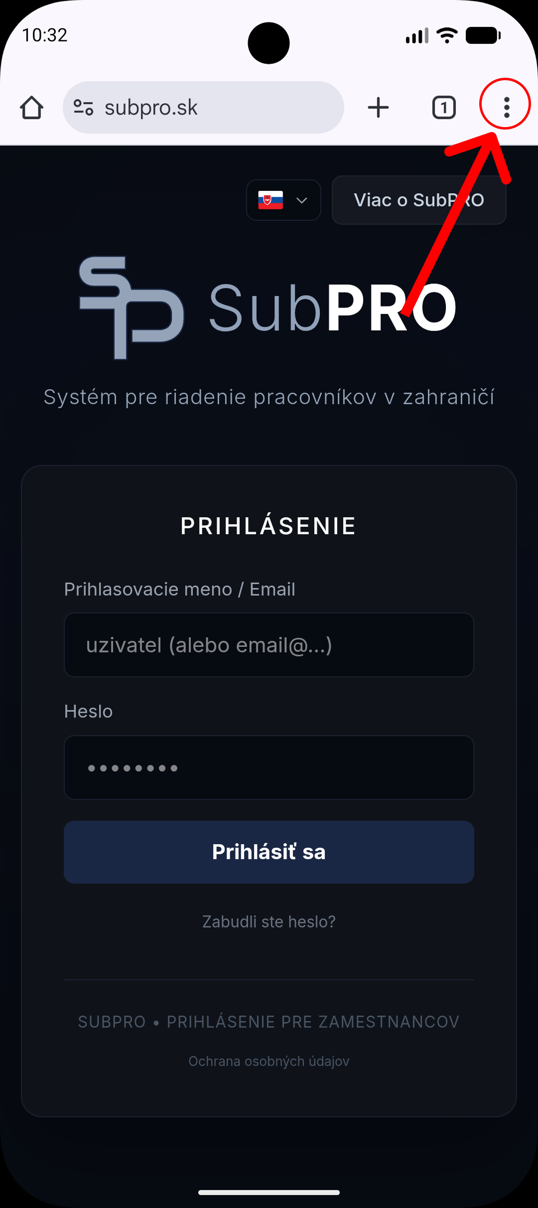 Screenshot: Chrome prehliadač s app.subpro.sk a šípkou na menu