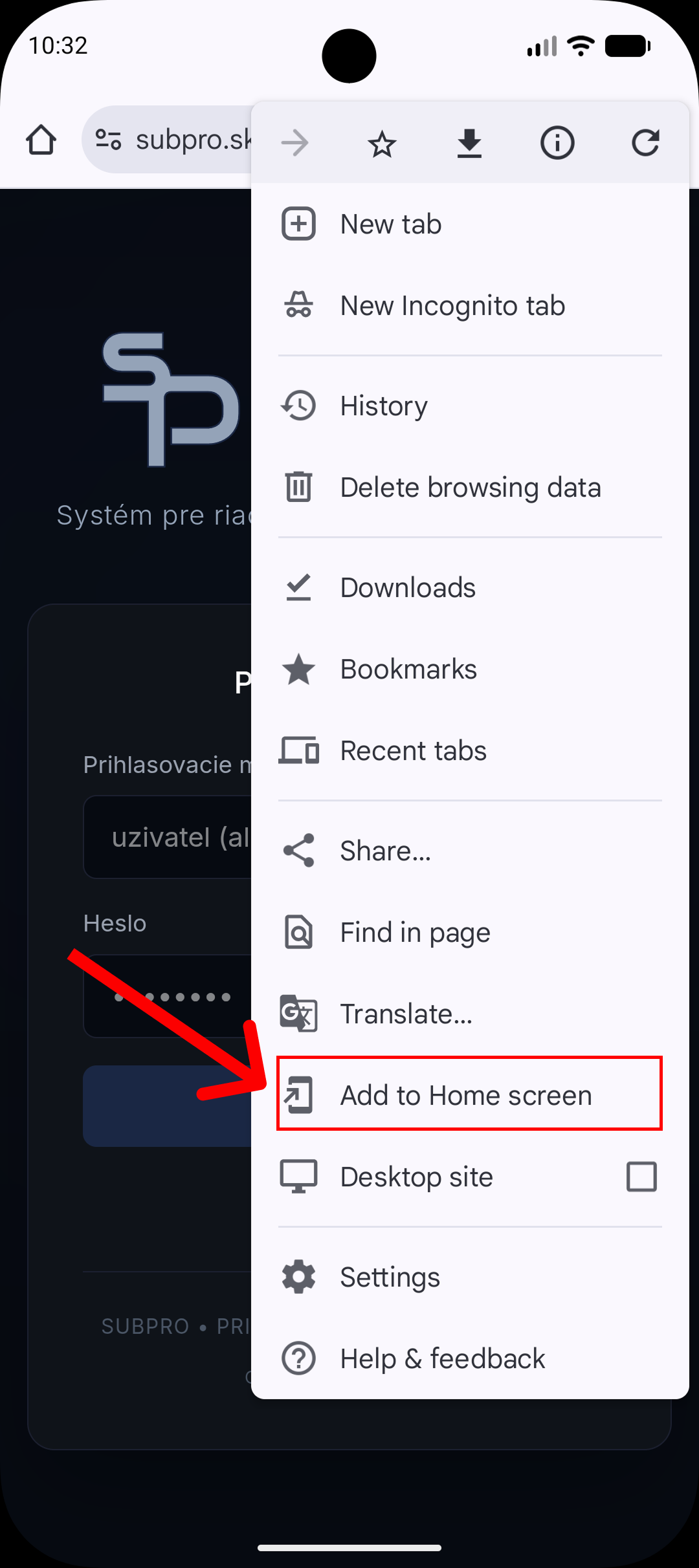 Screenshot: Chrome menu s vyznačenou možnosťou Pridať na plochu