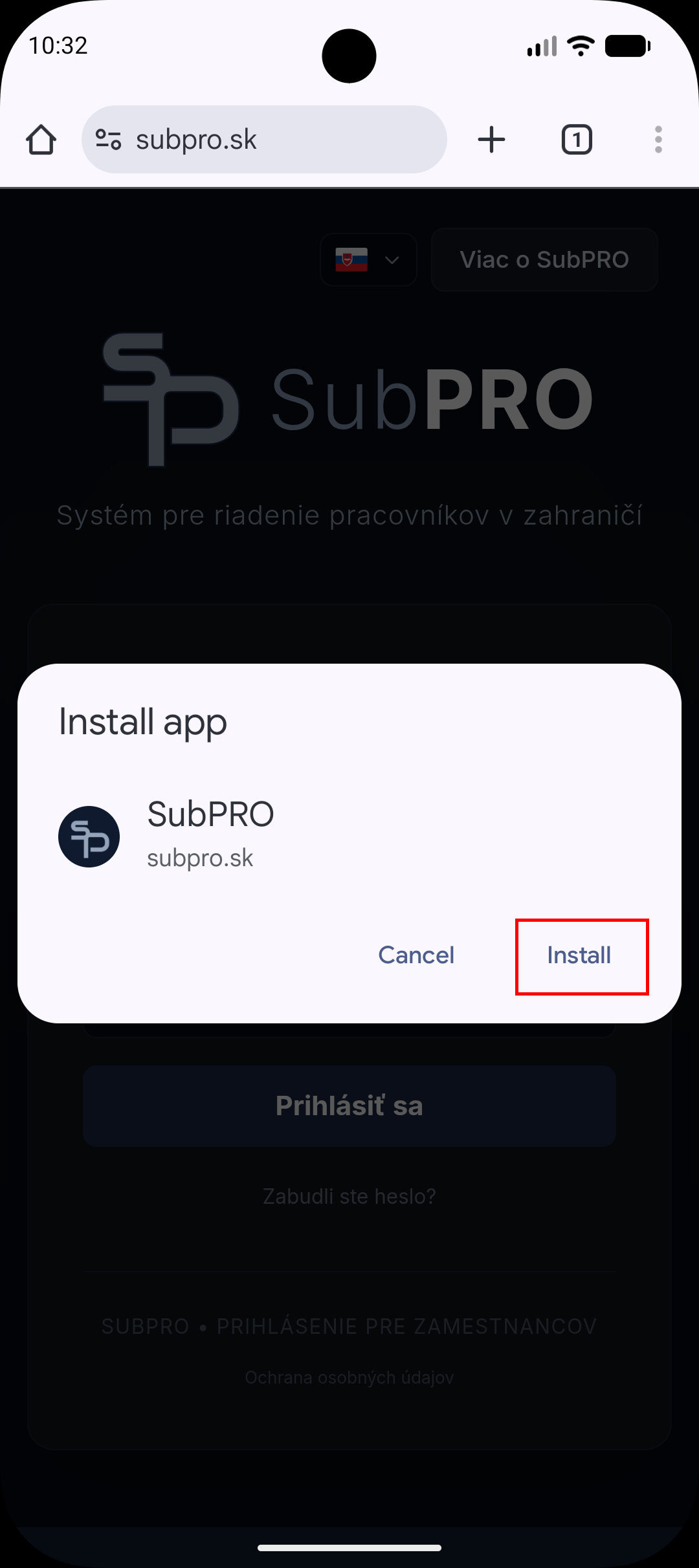 Screenshot: Install app dialóg s tlačidlom Install