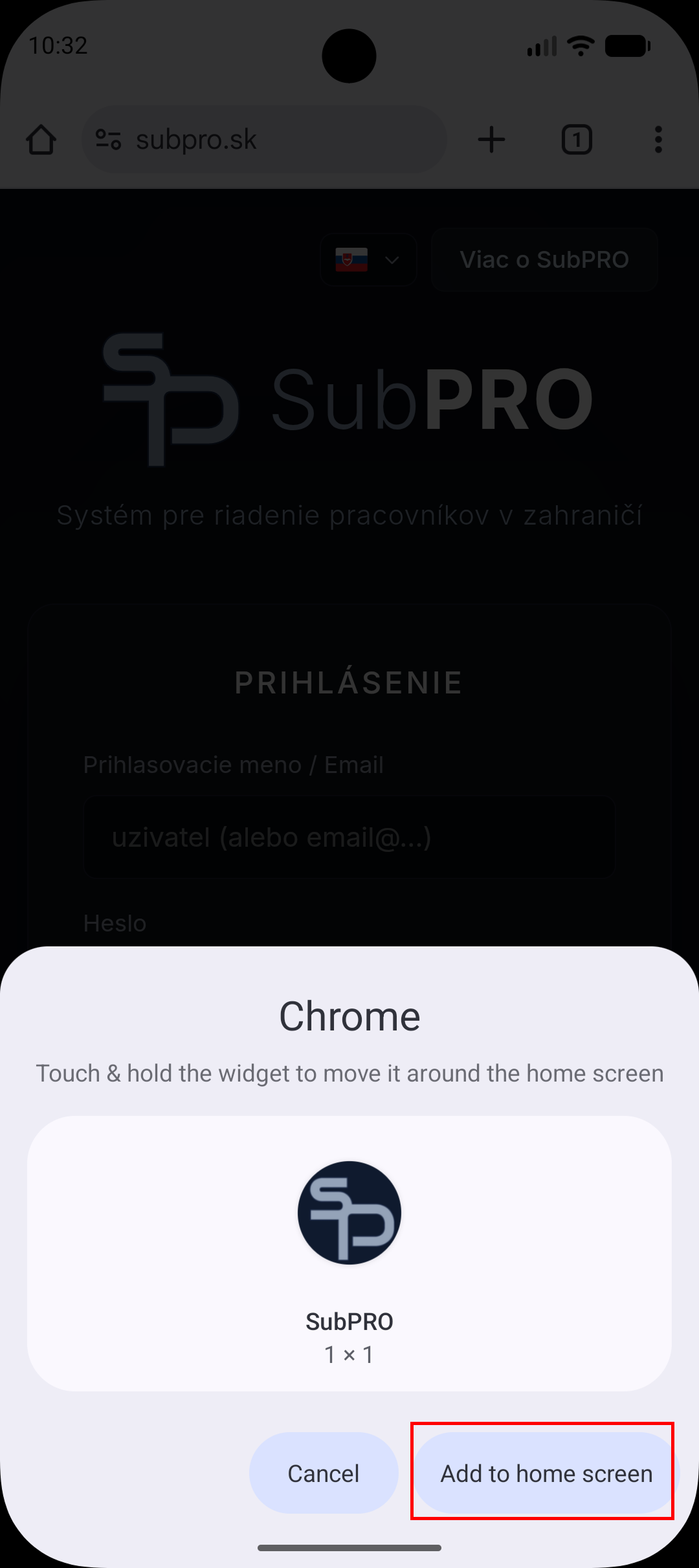 Screenshot: Add to home screen dialóg s náhľadom SubPRO