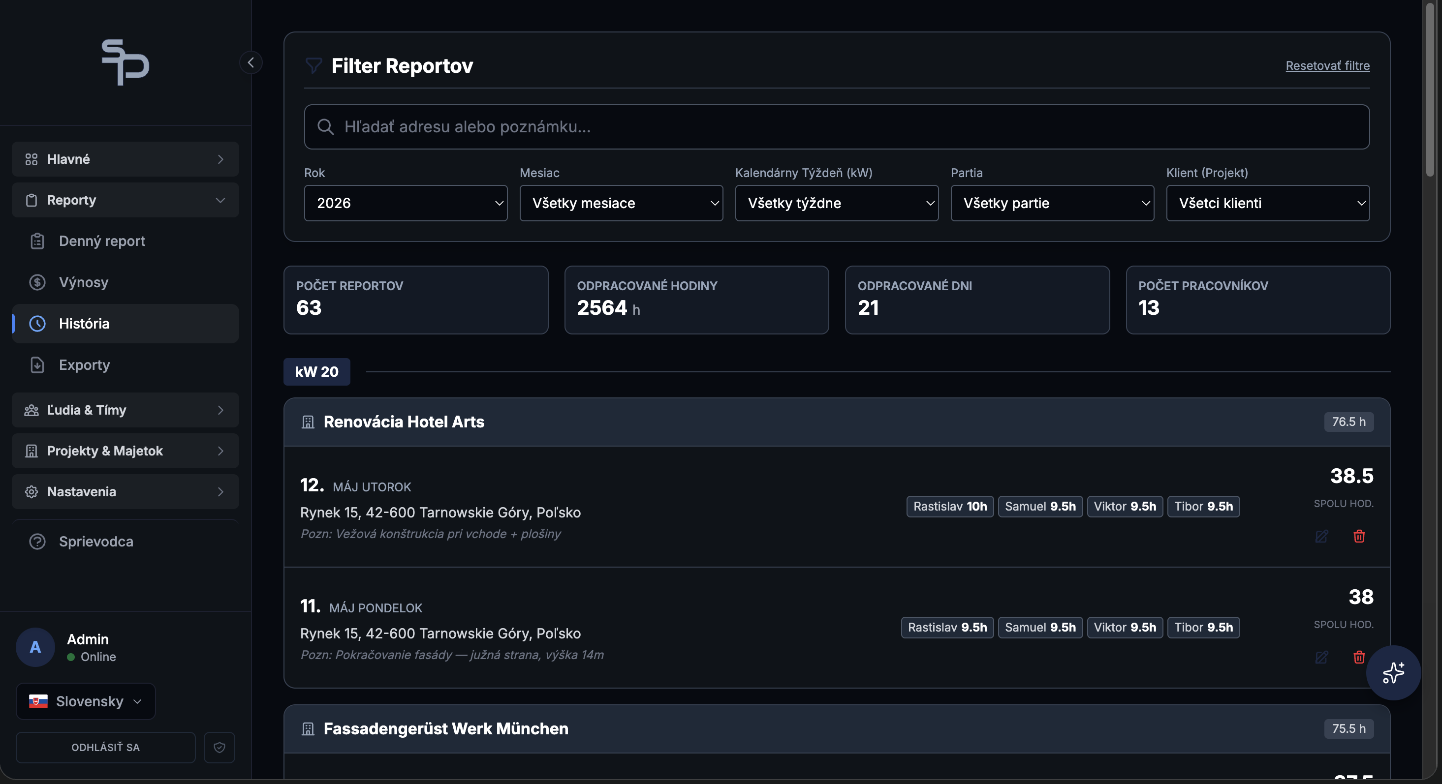 História reportov v SubPRO — filtre, KPI a zoznam denných reportov